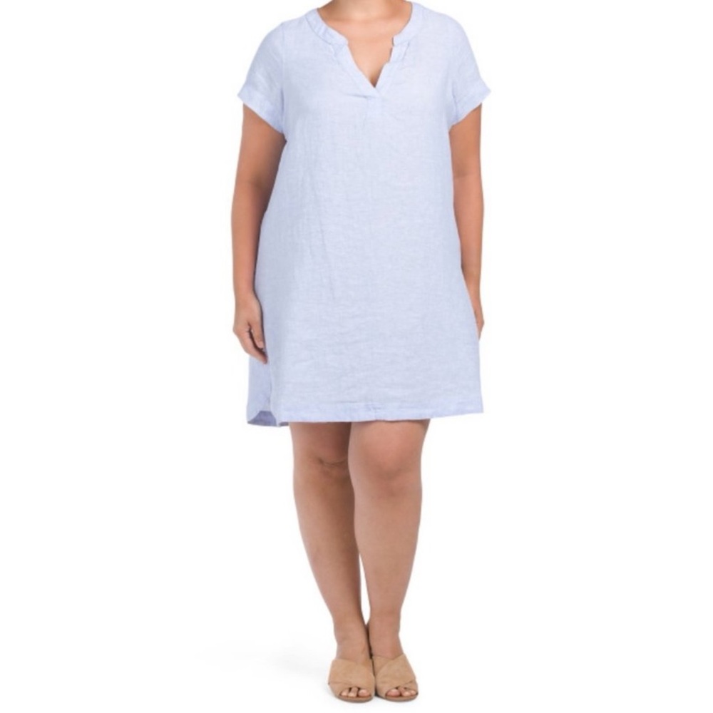 Tahari Chambray Blue Short Sleeve Split Neck Linen Dress Womens Size 1X